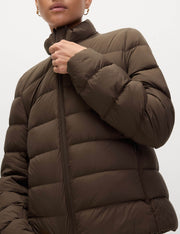 Close-up front view of the women's brown puffer jacket